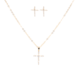 Kit-de-Colar-e-Brinco-Com-Pingente-de-Cruz-Com-Pedraria-dourado